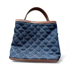 Ann Taylor Blue Quilted Tote with Brown Trim